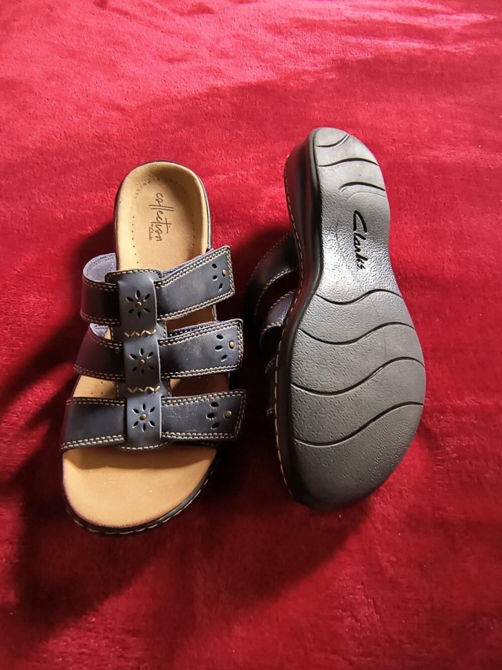Clarks Collection Navy Leather Slide Adjustable Sandals Ultimate Comfort 8.5M LN